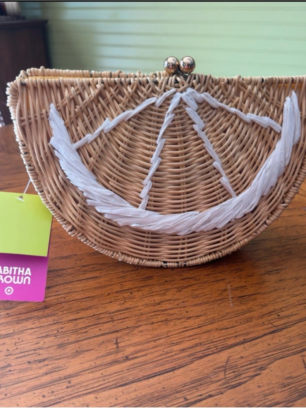 Woven Half-Moon Clutch with White Trim